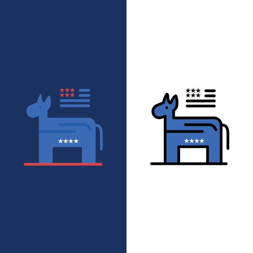 burro, símbolo político americano, iconos, plano, y, línea, lleno, icono, conjunto, vector, fondo azul vector