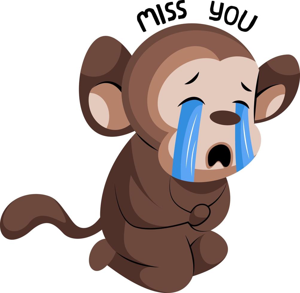 Crying cute monkey saying Miss you vector illustration on a white background