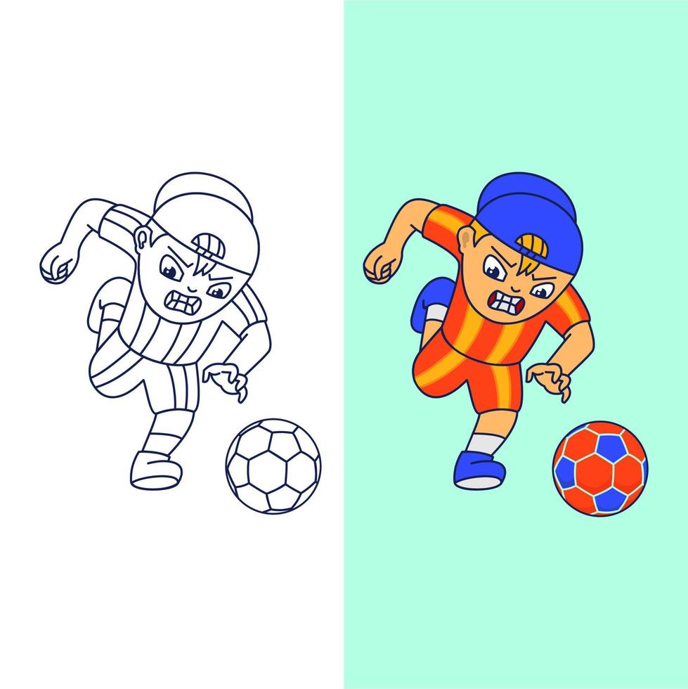 lindo personaje, niño jugando a la pelota, ilustración de fútbol, adecuado para las necesidades de los elementos de las redes sociales, pancartas y volantes vector