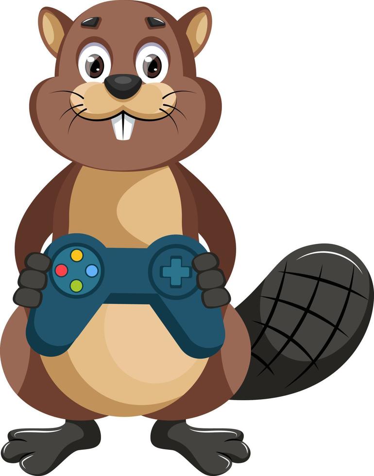 Beaver with gamepad, illustration, vector on white background.