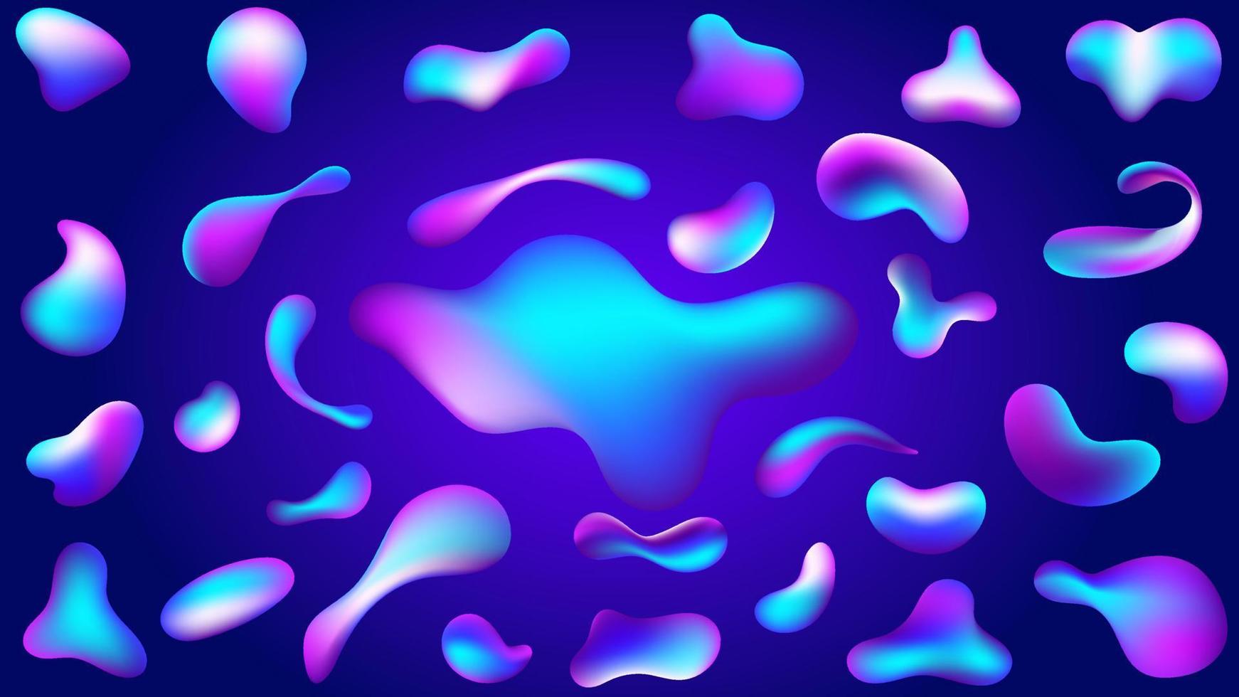 Liquid flow glow purple, blue 3D neon lava lamp vector geometric set for banner, card or UI design. Gradient mesh bubble in the shape of a wave drop. 31 Fluid colorful abstract shapes collection