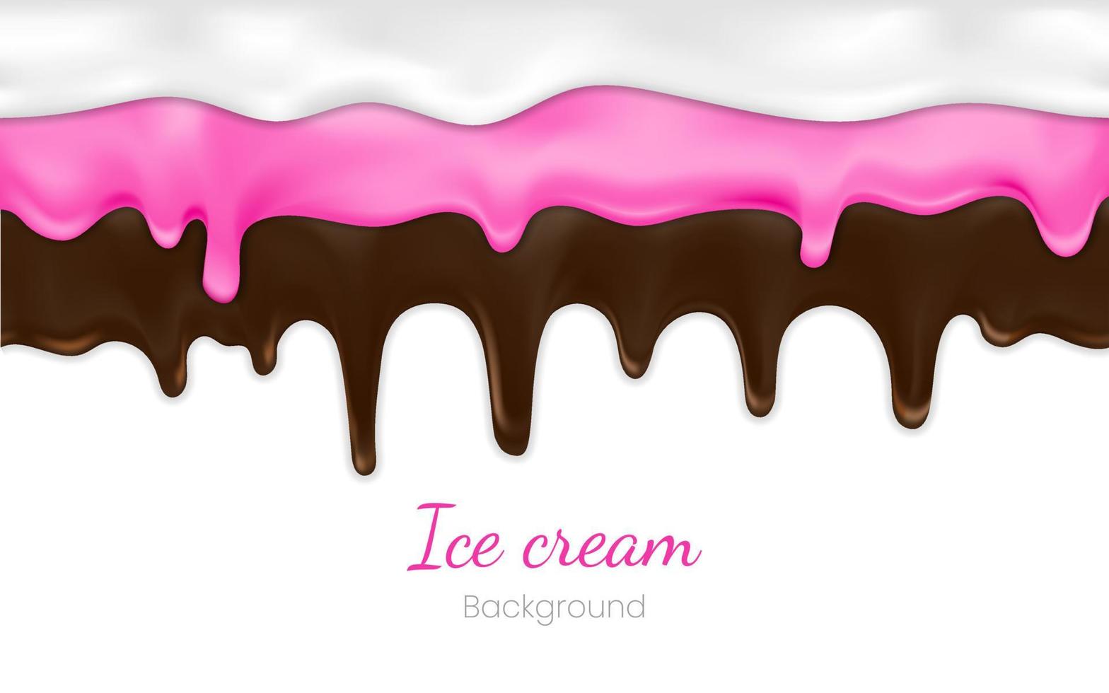 helado de goteo realista o yogur congelado sobre fondo blanco. salpicaduras de líquido dulce de jarabe, borde de crema brillante, textura fundida ilustración vectorial 3d chocolate derretido y rosa, gota de salsa dulce blanca vector