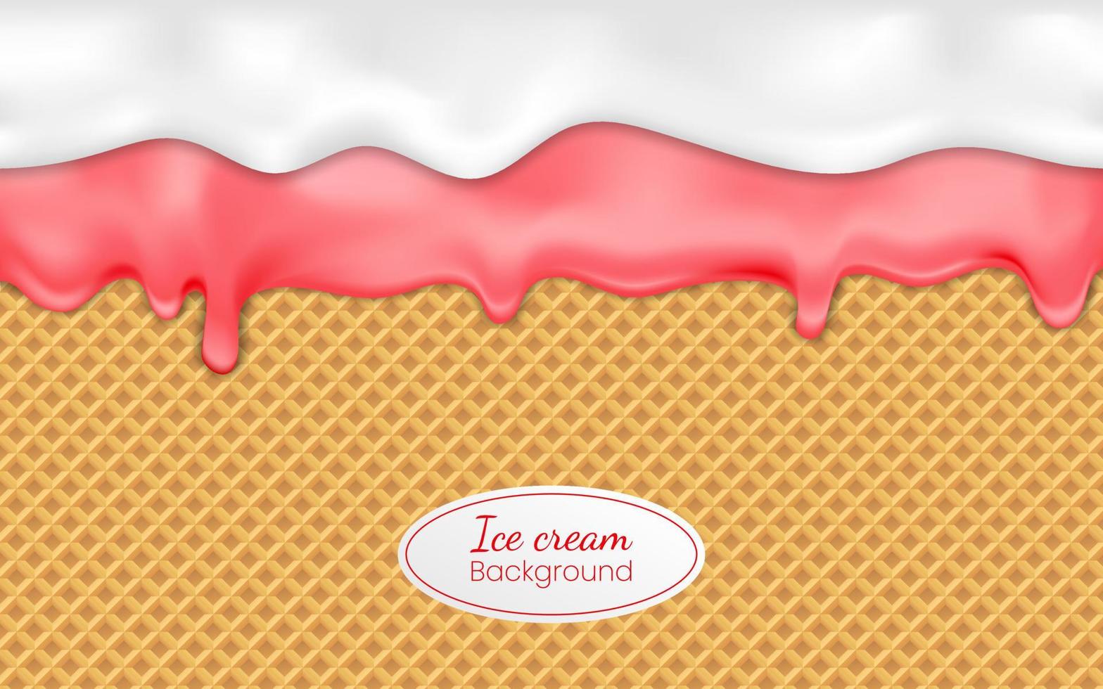 helado de goteo realista o yogur congelado sobre fondo de gofre. jarabe líquido dulce, borde de crema brillante, textura fundida ilustración vectorial 3d glaseado de fresa derretida o gota de salsa dulce en la oblea vector