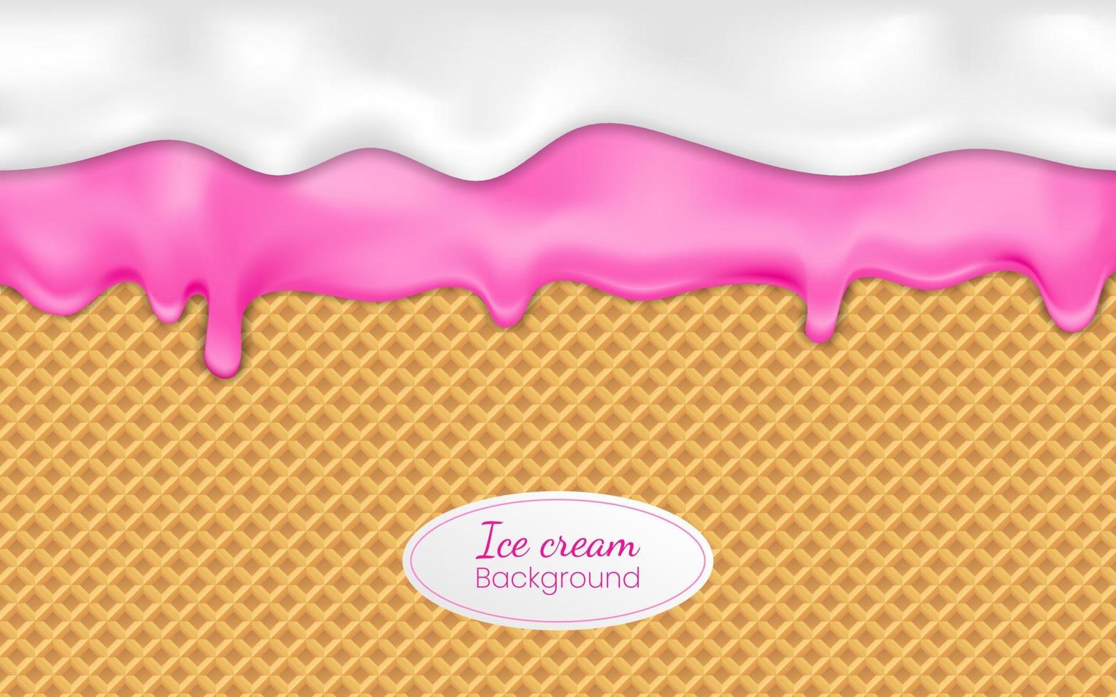 Realistic drip ice cream or frozen yogurt on waffle background. Syrup sweet liquid, glossy cream border, molten texture 3d vector illustration Melted raspberry icing or sweet sauce drop on wafer