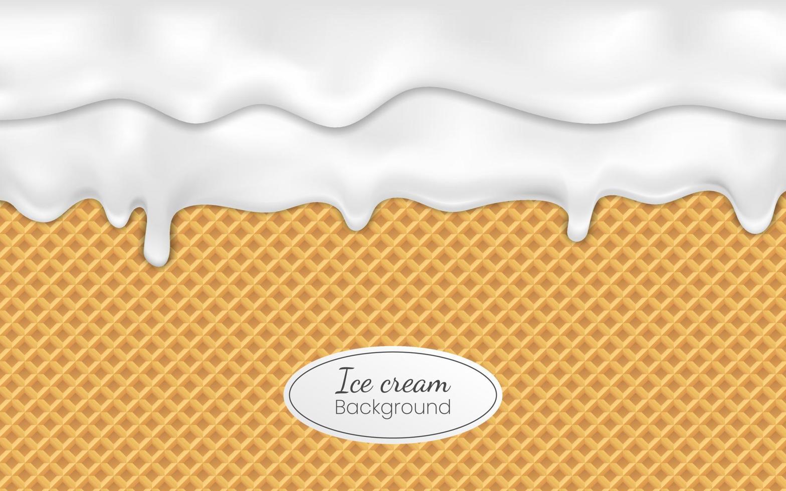 helado de goteo realista o yogur congelado sobre fondo de gofre. jarabe líquido dulce, borde de crema brillante, textura fundida ilustración vectorial 3d glaseado blanco derretido o gota de salsa dulce en la oblea vector