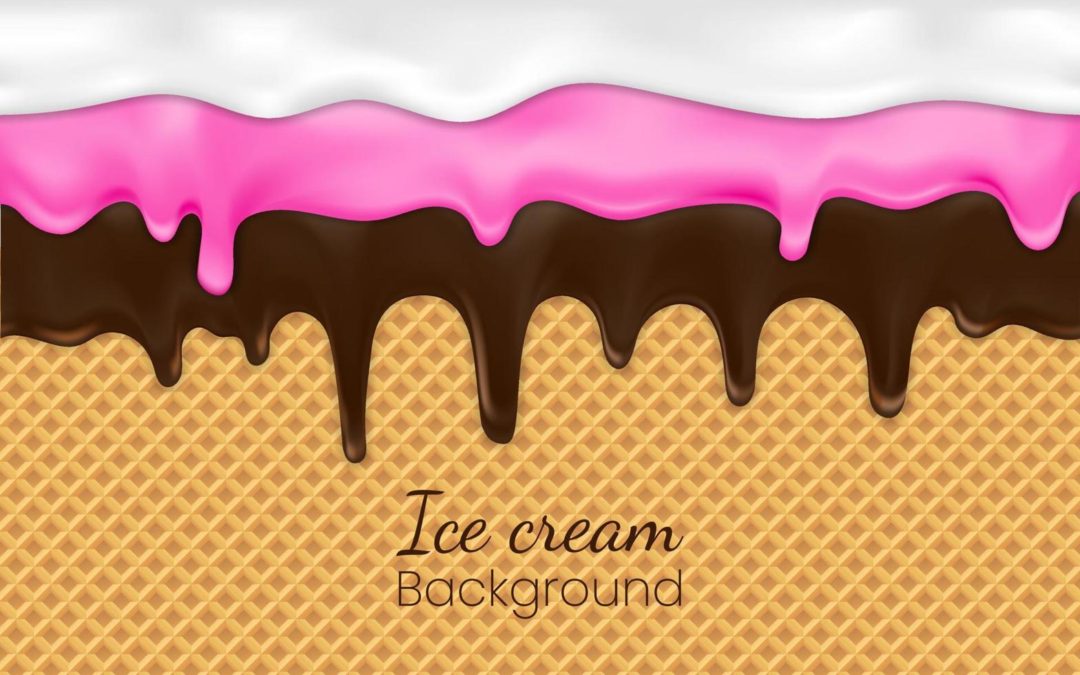 helado de goteo realista o yogur congelado sobre fondo de gofre. jarabe dulce líquido, borde de crema brillante, textura fundida 3d ilustración vectorial blanco derretido y glaseado de cacao o salsa dulce gota en oblea vector