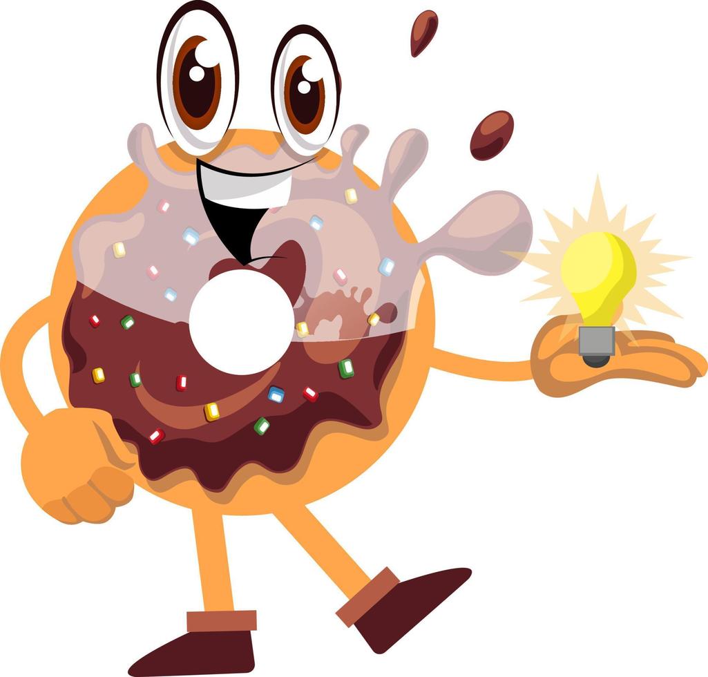 Donut with lighting bulb, illustration, vector on white background.