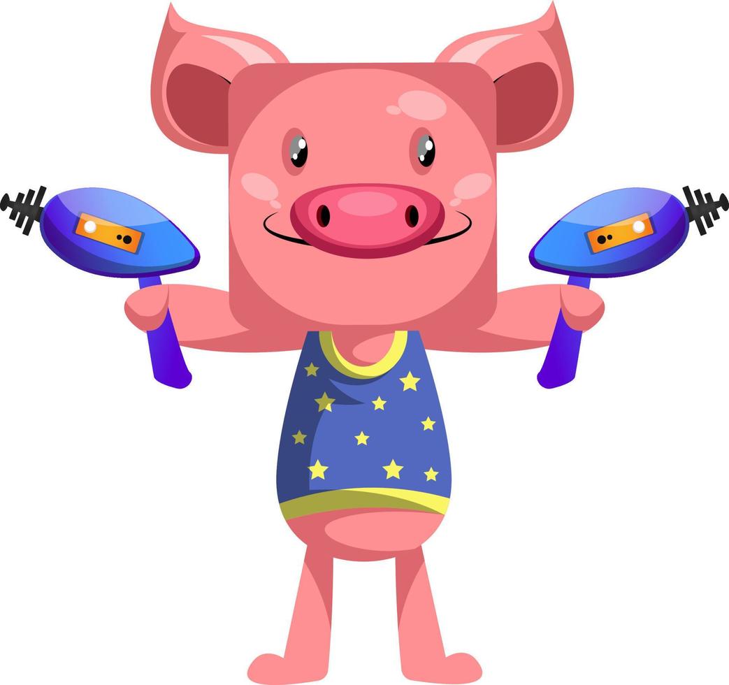 Pig with laser guns, illustration, vector on white background.
