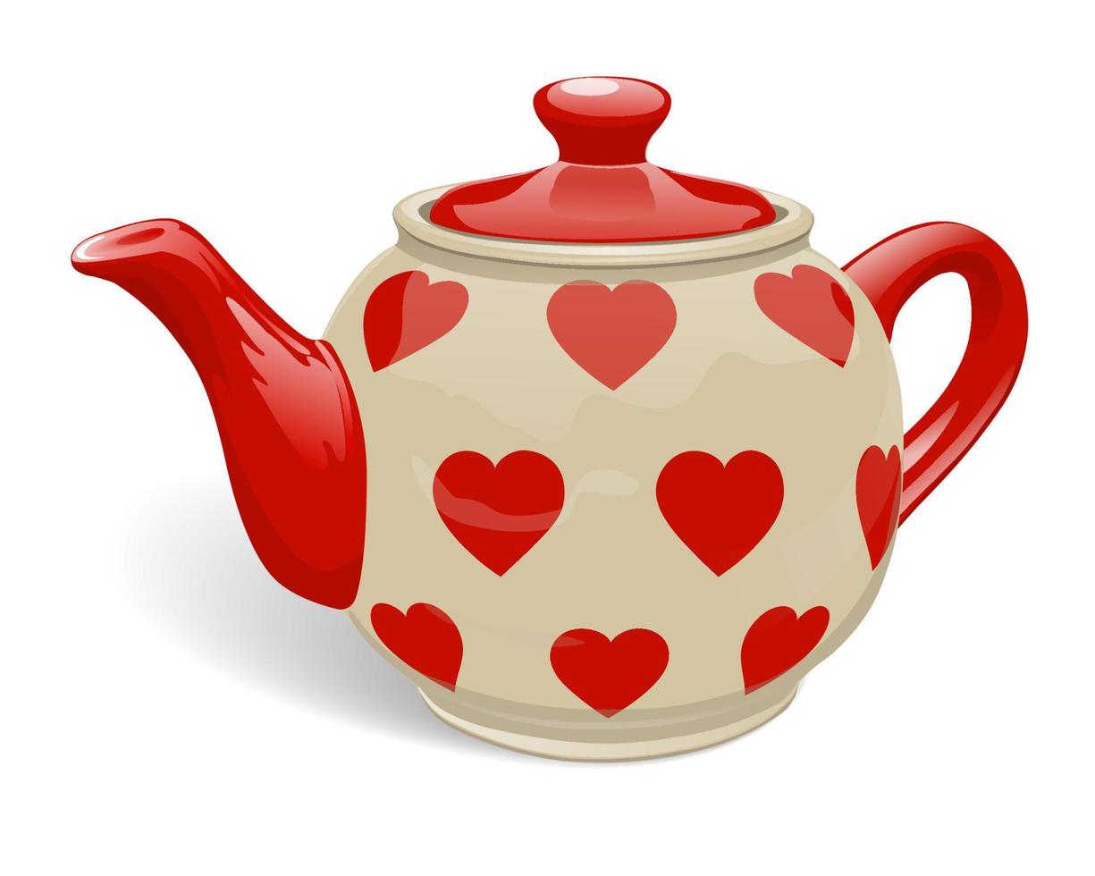 Realistic ceramic teapot. Red color with a pattern of hearts. Isolated on white background. Vector illustration.
