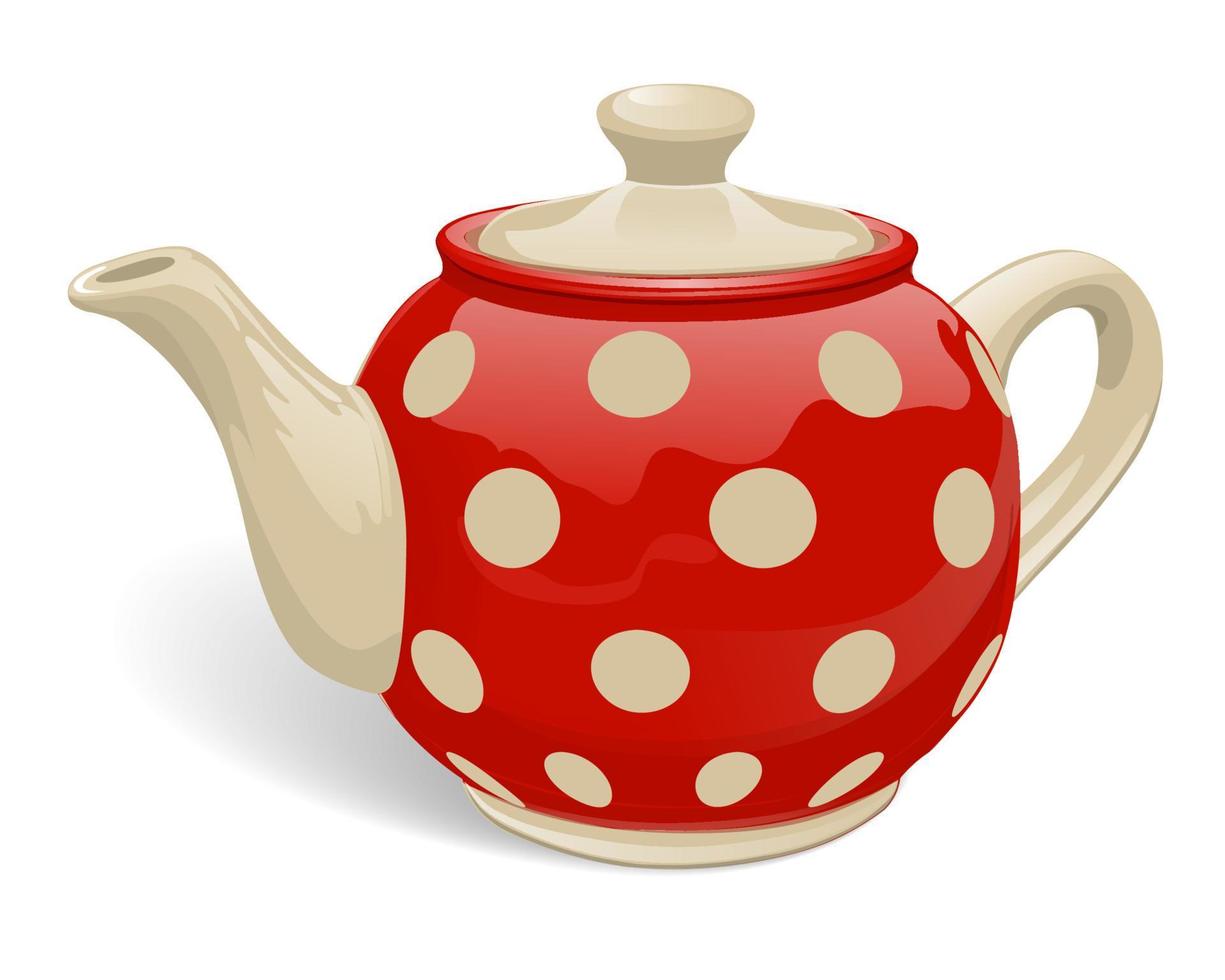 Realistic ceramic teapot. Red with beige peas. Isolated on white background. Vector illustration.