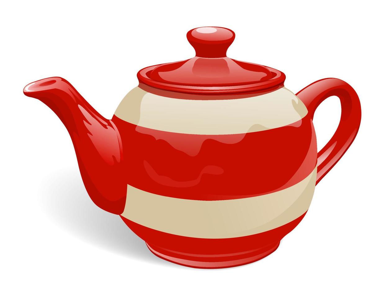 Realistic ceramic teapot. Red and beige with stripes. Isolated on white background. Vector illustration.