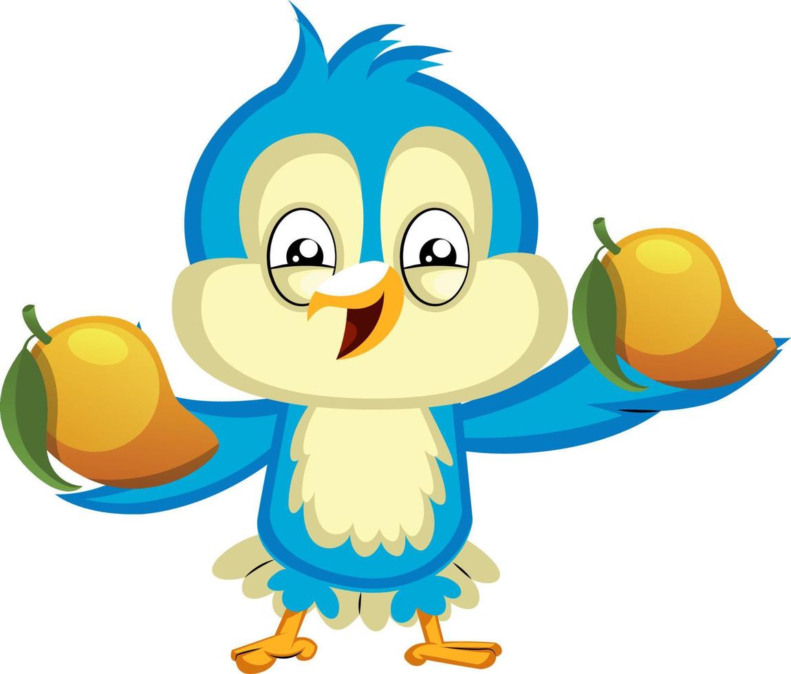 Blue bird holds a yellow fruits, illustration, vector on white background.