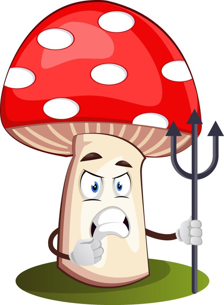 Angry mushroom with spear, illustration, vector on white background.