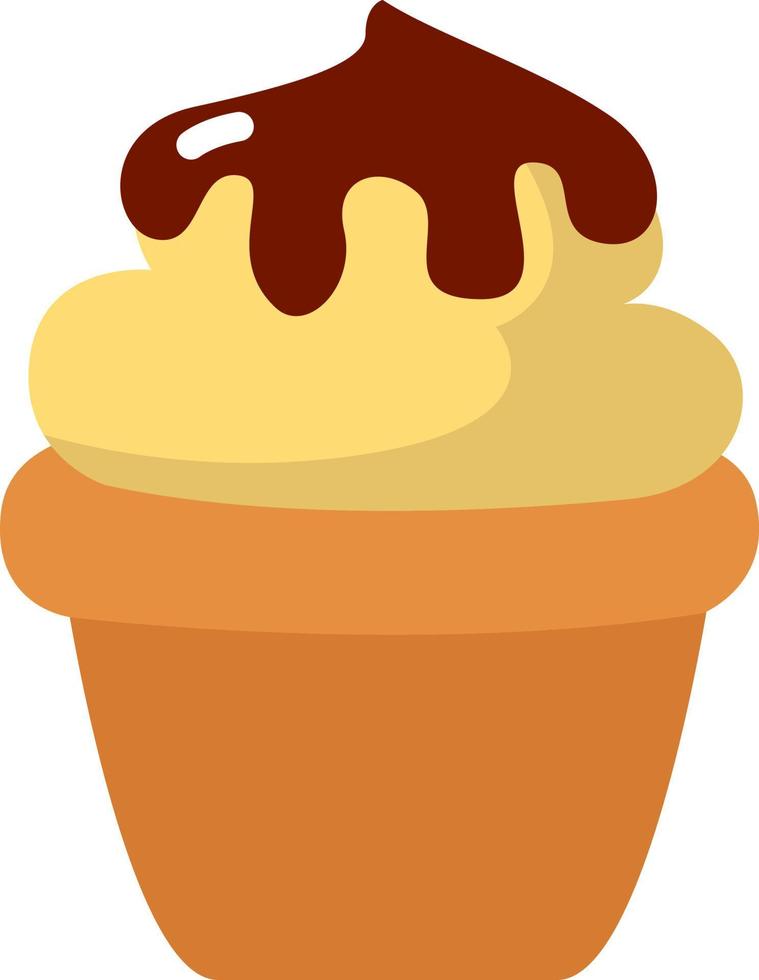 cupcake con crema de chocolate y amarillo, ilustración, vector sobre un fondo blanco