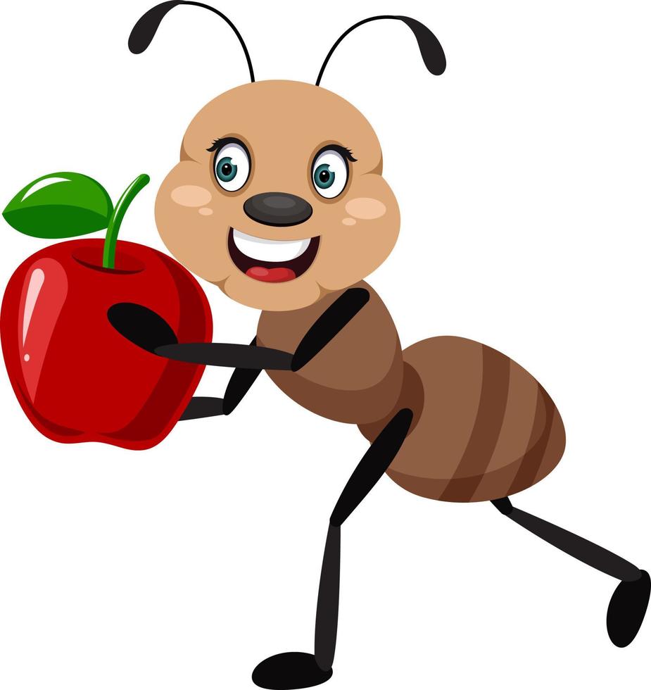 Ant with apple, illustrator, vector on white background.