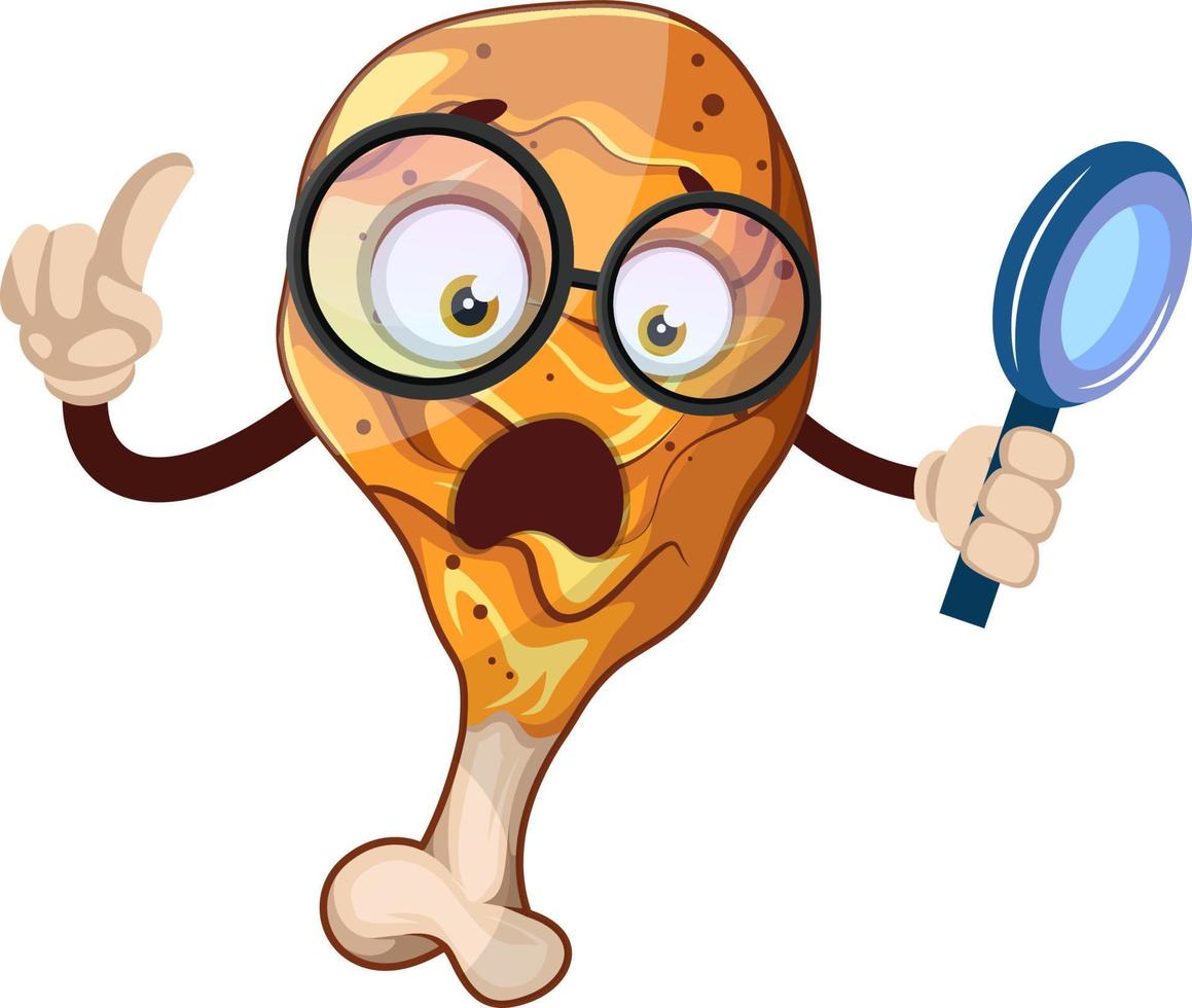 Surprised chicken leg as a scientist holding magnifying glass, illustration, vector on white background.