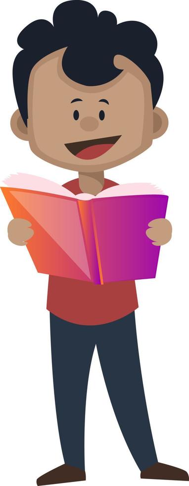 Boy is reading a book, illustration, vector on white background.
