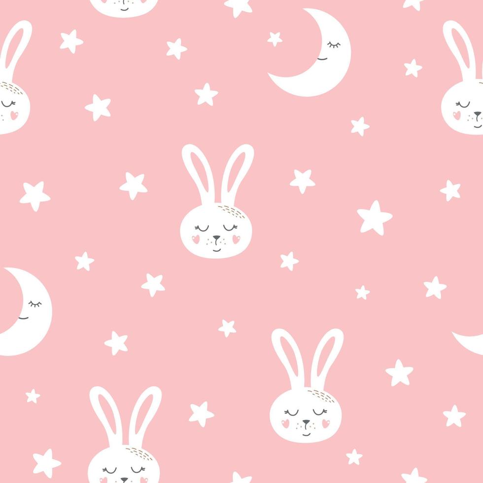 Cute bunny seamless pattern Sweet dreams graphic design. Kids rabbit print. Pink seamless background. Hand drawn sweet cute animal face moon stars textile cloth fabric template. Vector illustration.