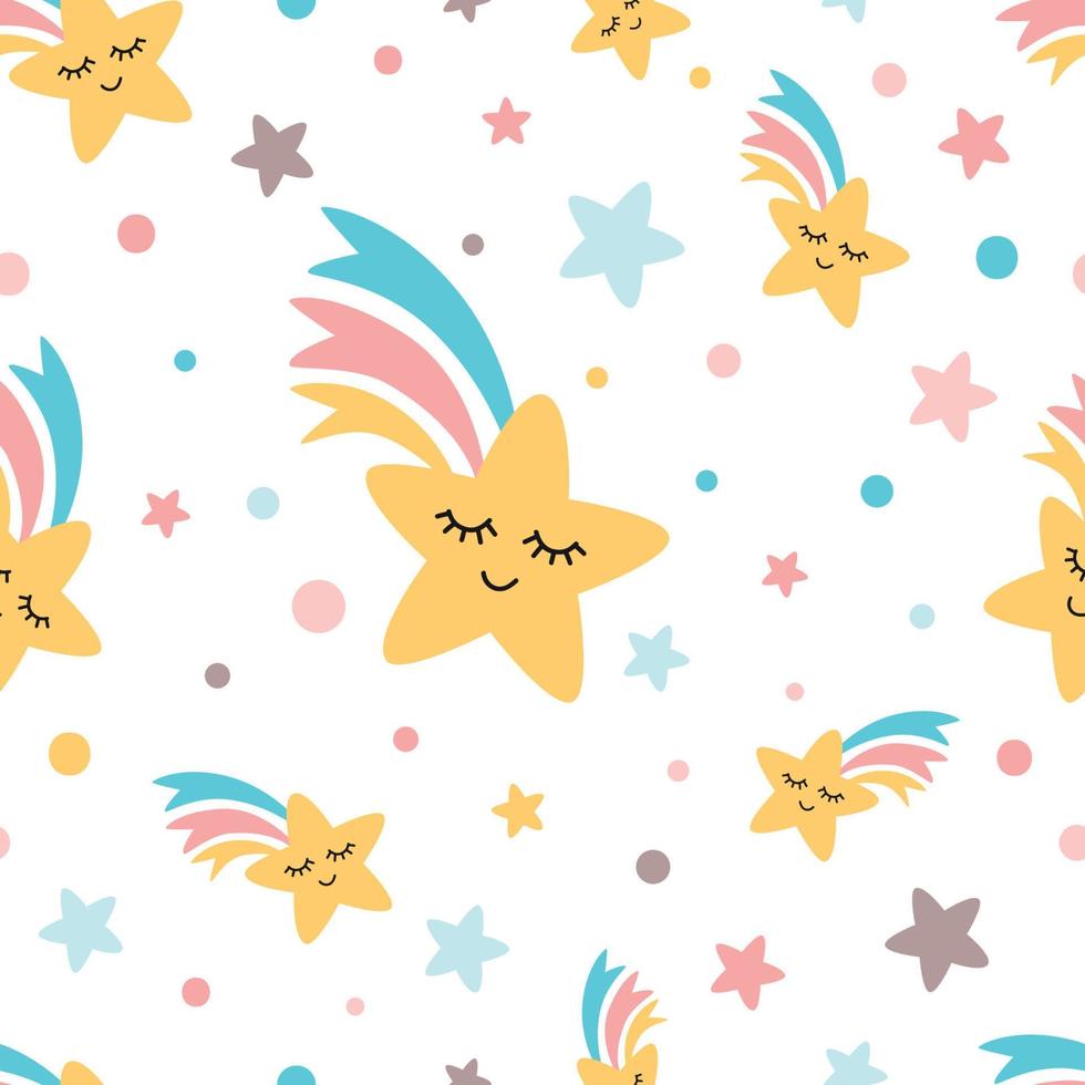 estrella del arco iris disparando patrones sin fisuras emoji emociones arco iris divertido niños lindos elementos para el diseño textil o de tela fondo blanco amarillo rosa azul colores patrón repetido ilustración vectorial. vector