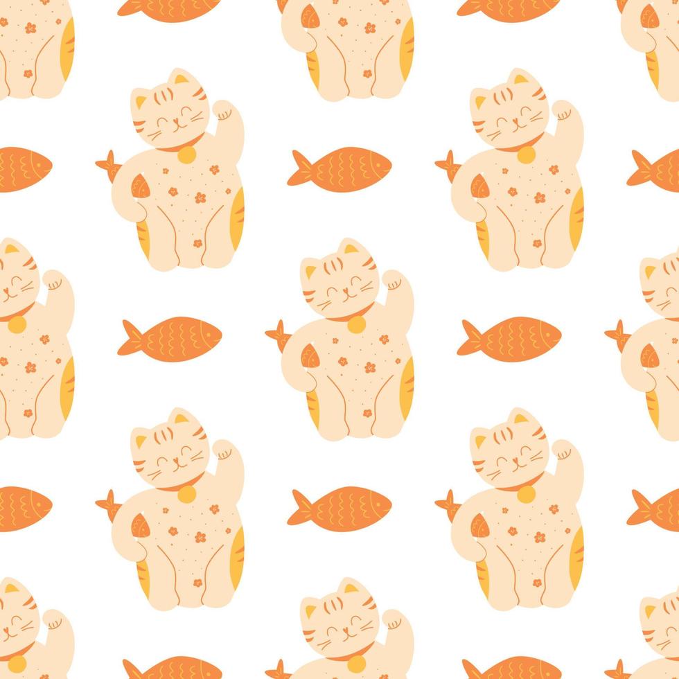 Maneki Neko pattern. Happy lucky cat seamless pattern. Symbol of lucky background. Repeated texture. Fish and maneki neko vector illustration. Traditional Asian maneki neko fortune print, fabric.