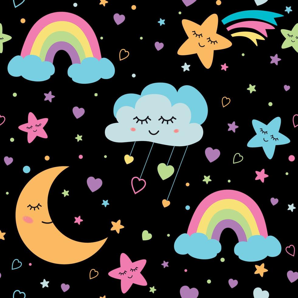 patrón de estrellas de nubes en el fondo de la noche negra. dulces sueños arco iris de patrones sin fisuras. patrón de nube de bebé durmiendo luna noche fondo de pantalla imprimible diseño de niños para tela, tela. ilustración vectorial vector