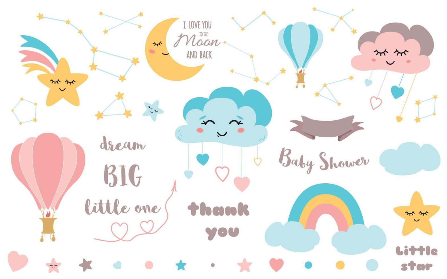 Baby shower elements Cute design element for nursery Moon cloud star rainbow hot air balloon ribbon Big Bear constellation Baby icon vector set Colorful illustrations to design card banner invitation.