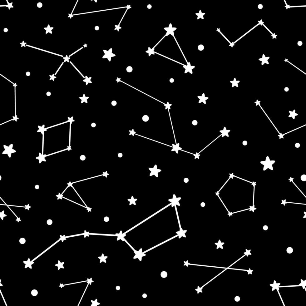 vector dibujado a mano cielo nocturno garabato de patrones sin fisuras con constelaciones de estrellas espaciales. infantil cielo estrellado fondo cosmos infinito papel pintado azul amarillo negro colores textil diseño vector ilustración