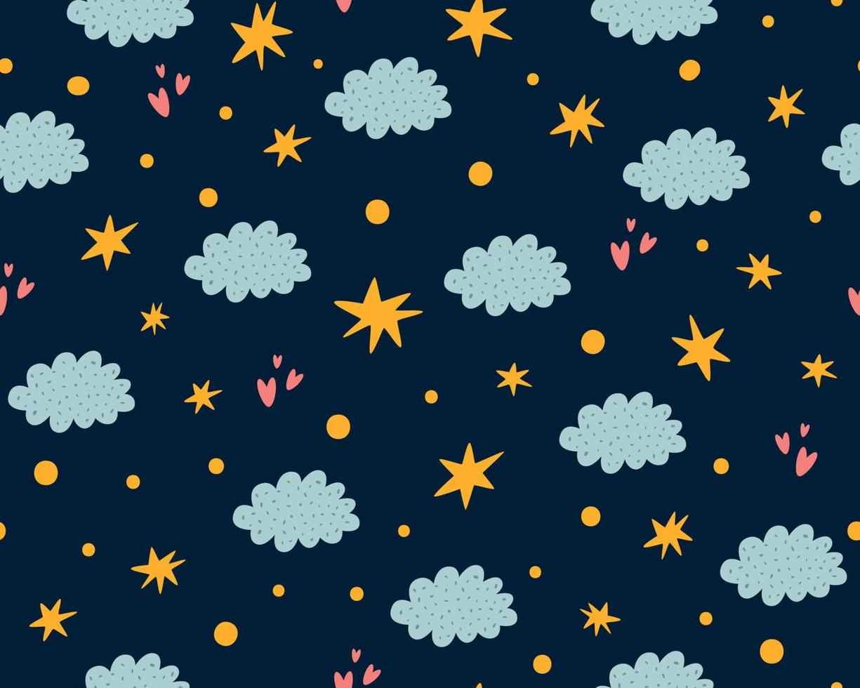 Nursery stars pattern. Night sky background. Cute childish stars, clouds seamless background. Baby print, texture baby star, dark nursery sleepy wallpaper. Hand drawing star cloud vector illustration.