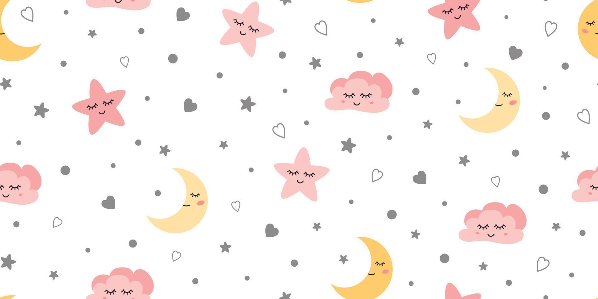 Cute sky kids seamless pattern Baby textile design with smiling sleeping moon hearts stars,clouds in pink yellow colors. Dreaming graphic print for cloth, wallpaper Baby illustration. Vector template.