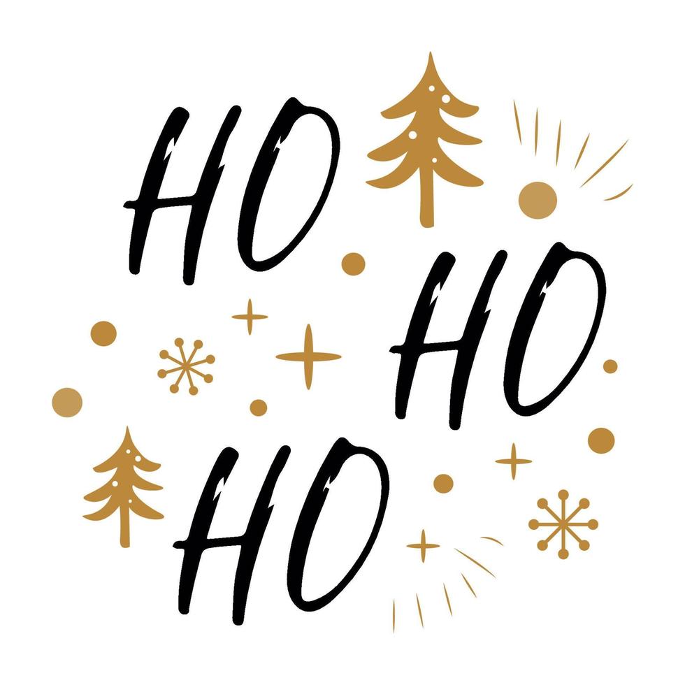 Ho ho ho. Cute Christmas sign with golden Christmas tree, snow, snowflakes isolated on white. Card in scandinavian style. Vector illustration. Phrase for banner, invitation, congratulation.