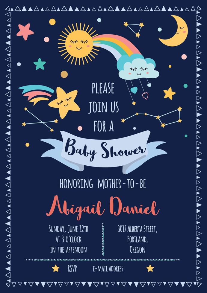 Baby shower invitation template for baby girls boys Cute sky stars cloud moon rainbow with eyes Funny kids caracter Baby arrival card on dark background Hand drawn elements. Vector illustration.