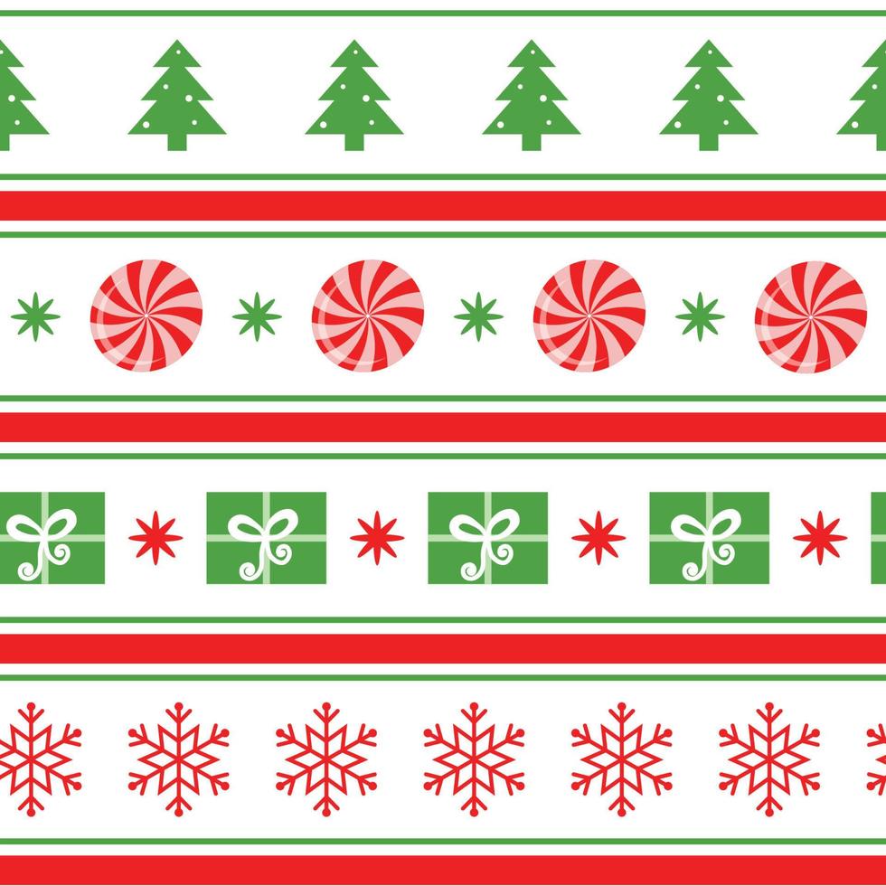 Merry Christmas seamless pattern with tree, snowflakes, Santas presents and shevron on white. New Year background for wallpaper, fabric, textile, packaging. Winter cute banner,. Vector illustration