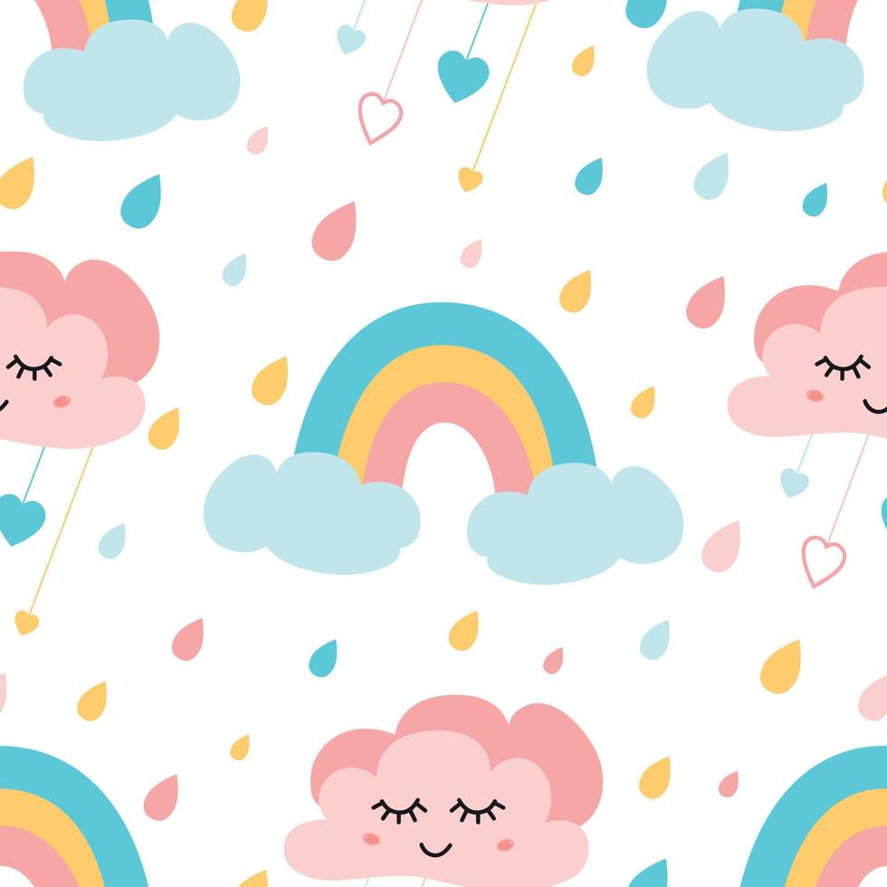 Cute rainbow clouds seamless childish pattern with colored rainy drops Smiling clouds Creative kids texture for fabric cloth design, wrapping paper, textile, apparel. Vector illustration.