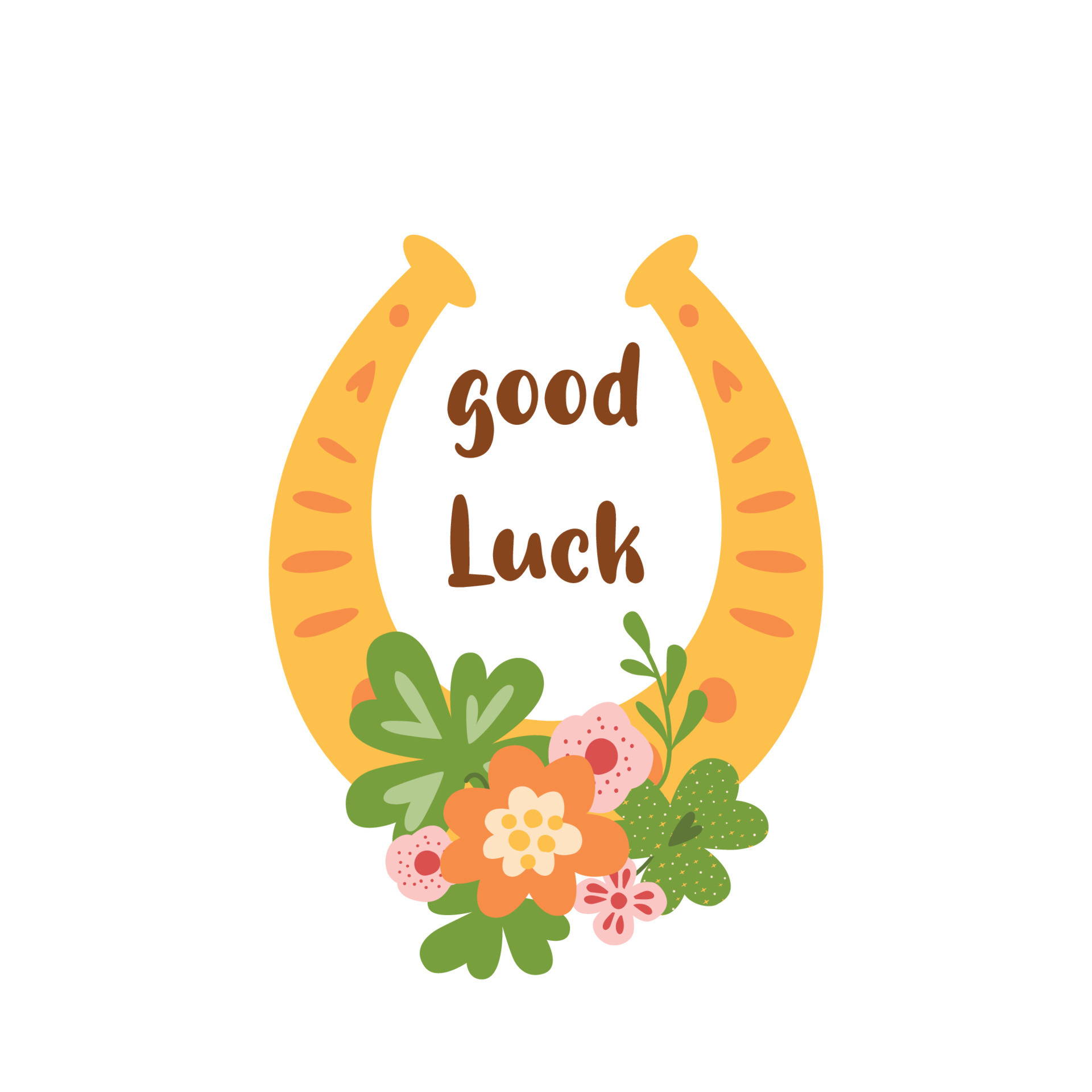 Fortune symbol Good luck horseshoe amulet, clover leaf, flower, decorative  lucky element isolated hand drawn fortune sign. Text Good Luck graphic  design. Vector illustration. 13560880 Vector Art at Vecteezy