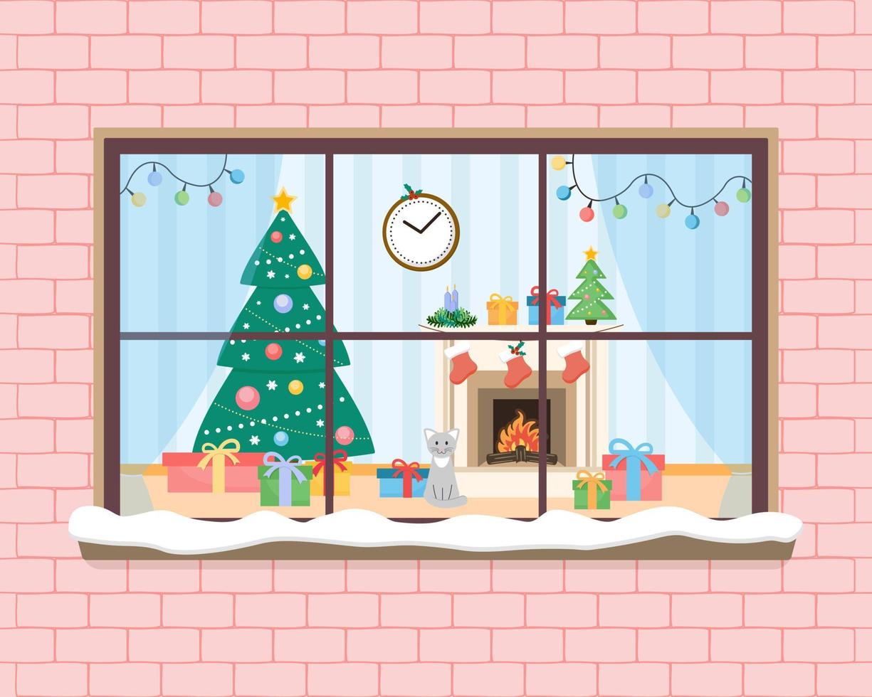 Christmas room with furniture, christmas tree and fireplace through the window vector