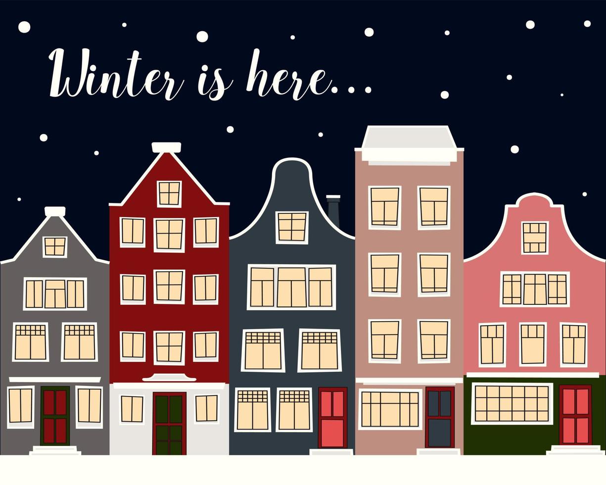 Christmas winter city street with small houses poster. Background for greeting cards, postcards, letters, labels, web, etc. vector