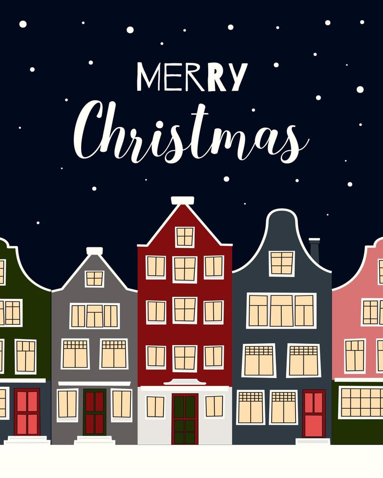 Merry Christmas. Christmas winter city street with small houses poster. Background for greeting cards, postcards, letters, labels, web, etc. vector