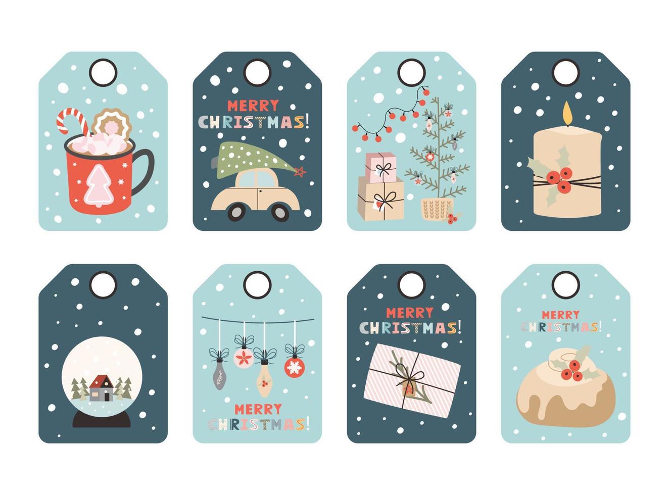 Christmas greeting gift tags set in flat style. vector