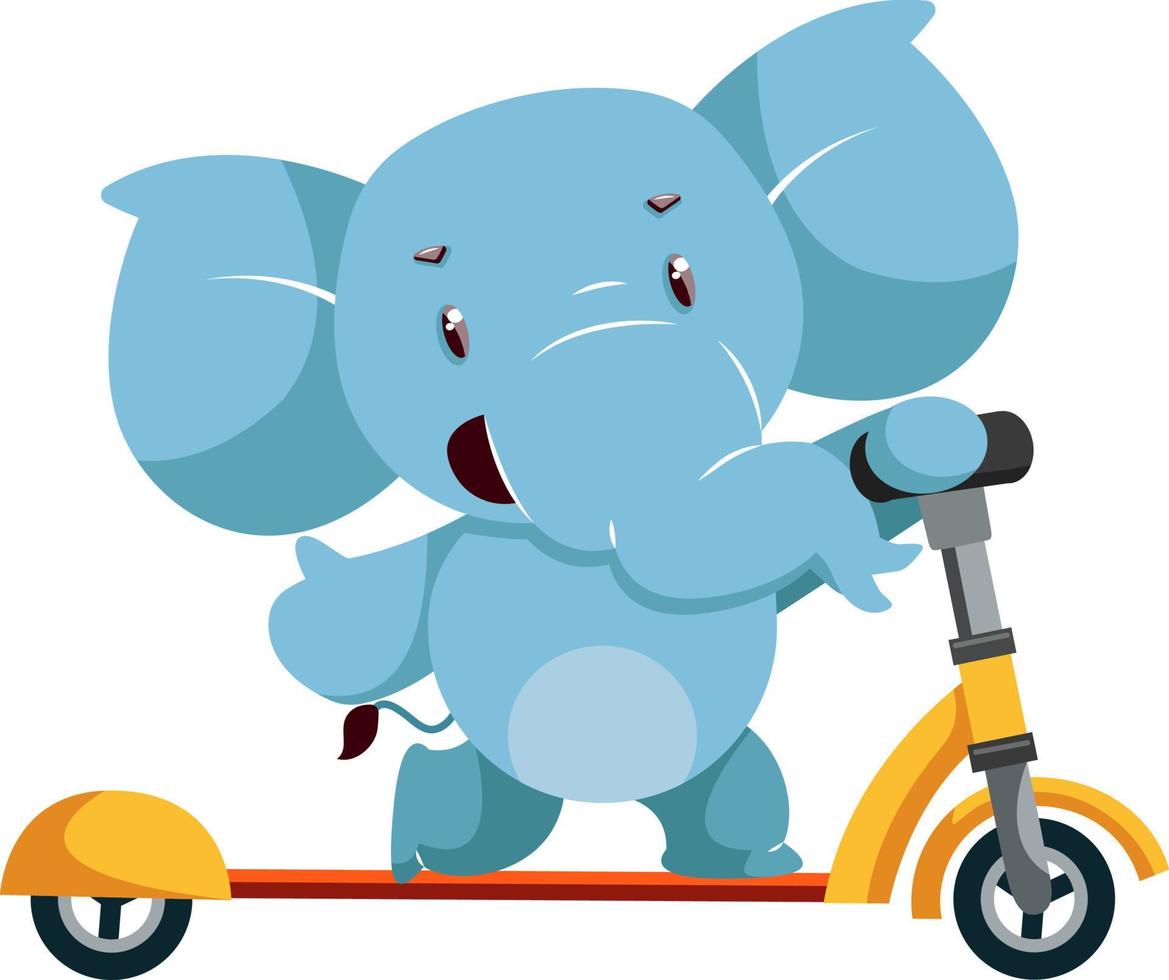 Elefante en scooter amarillo, ilustración, vector sobre fondo blanco.