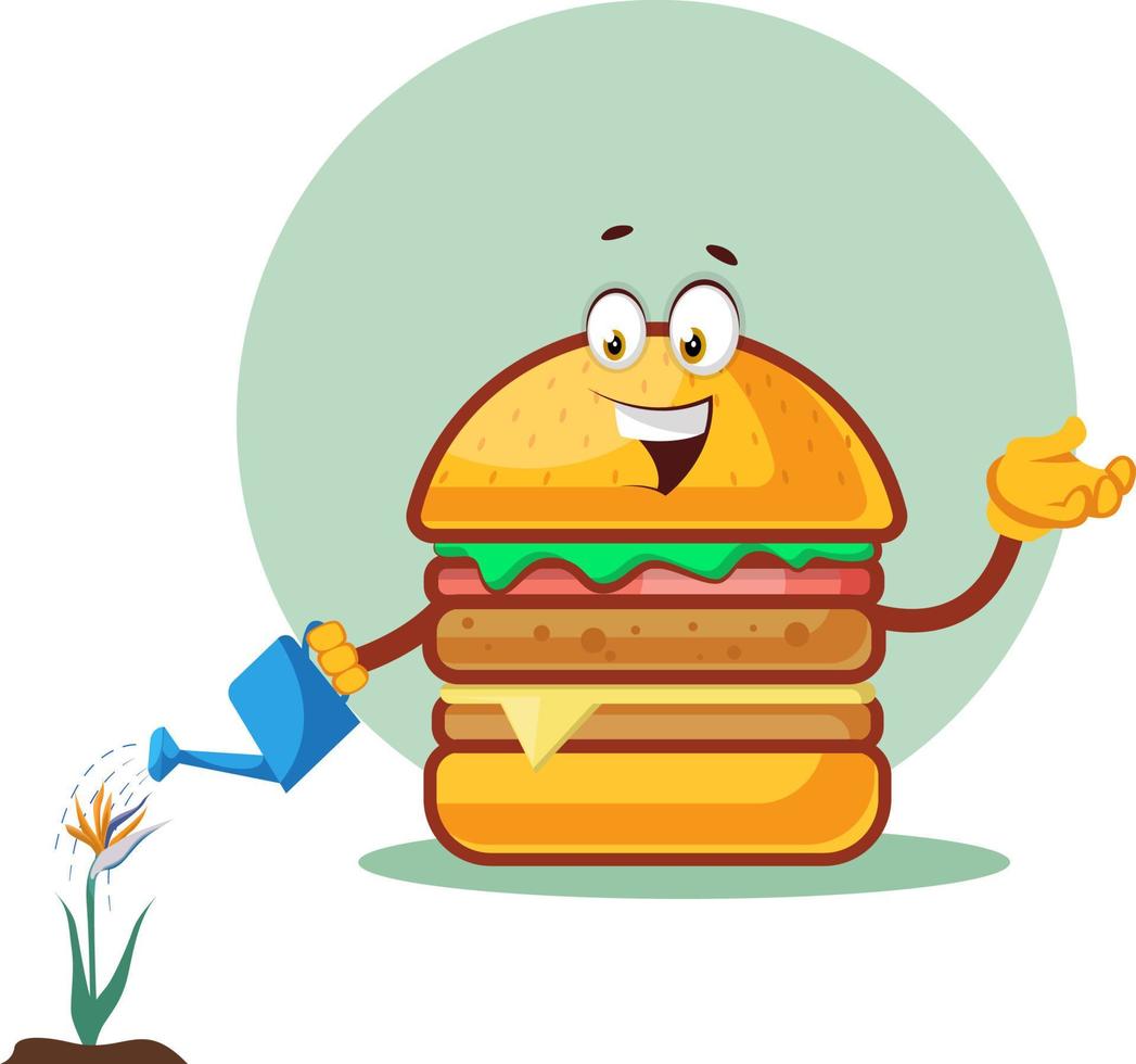 Burger is watering the flower, illustration, vector on white background.