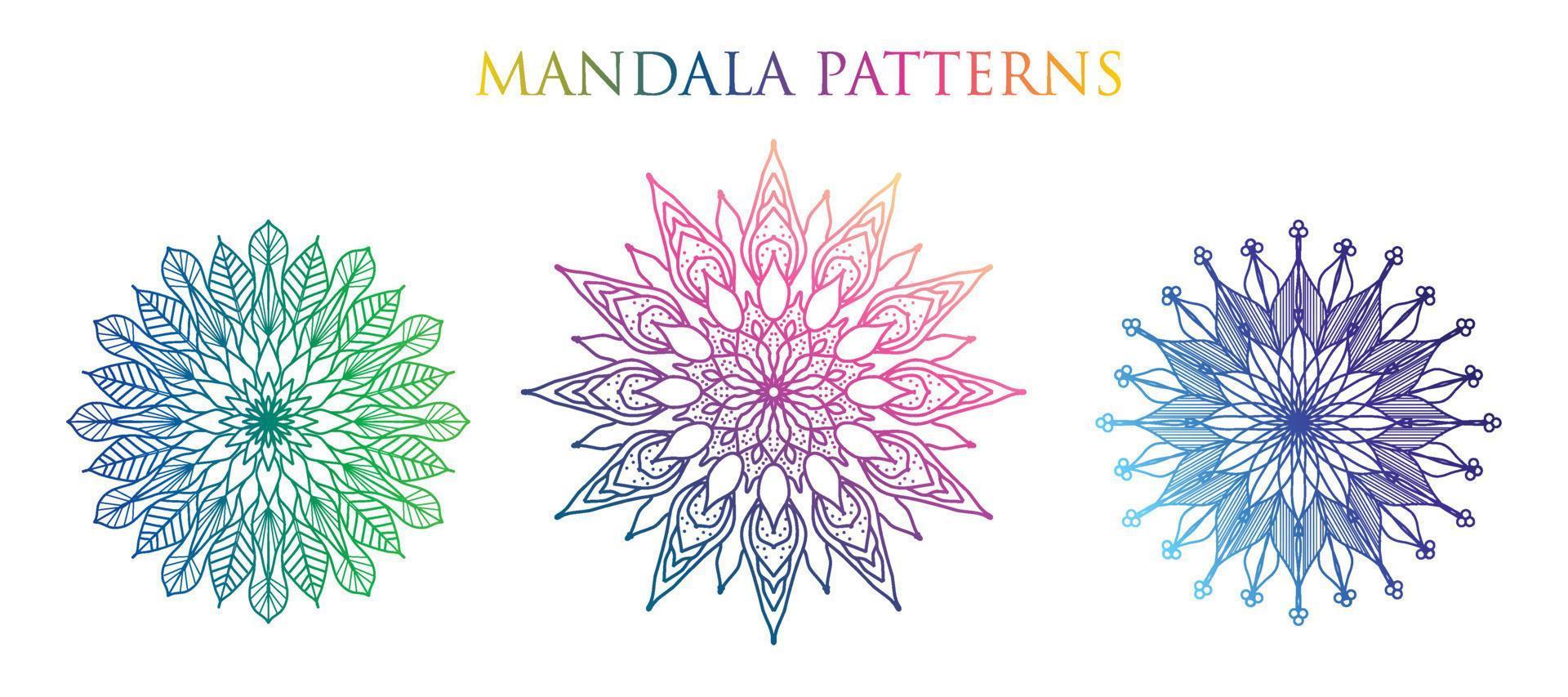 fondo de mandala colorido, establecer mandala, mandalas para colorear libro. adornos redondos decorativos. patrones de terapia antiestrés. logotipos de yoga, fondos para meditación. vector oriental