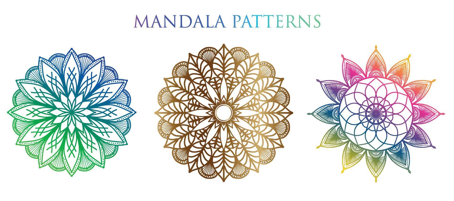 fondo de mandala colorido, establecer mandala, mandalas para colorear libro. adornos redondos decorativos. patrones de terapia antiestrés. logotipos de yoga, fondos para meditación. vector oriental