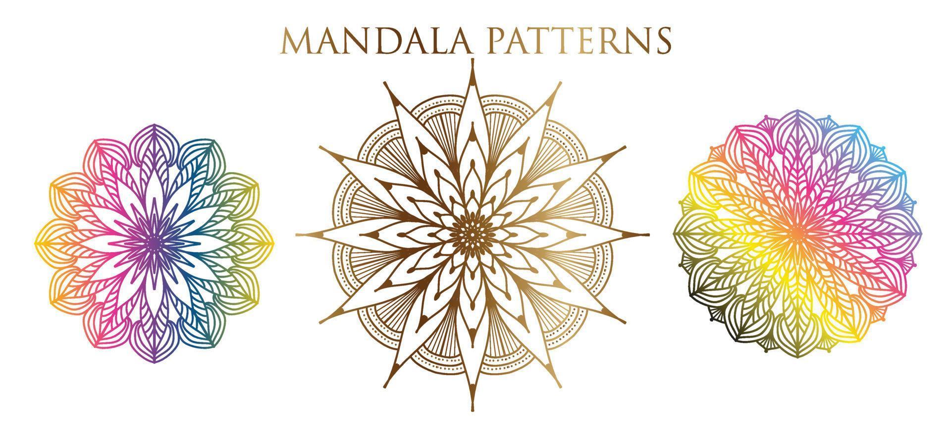 fondo de mandala colorido, establecer mandala, mandalas para colorear libro. adornos redondos decorativos. patrones de terapia antiestrés. logotipos de yoga, fondos para meditación. vector oriental