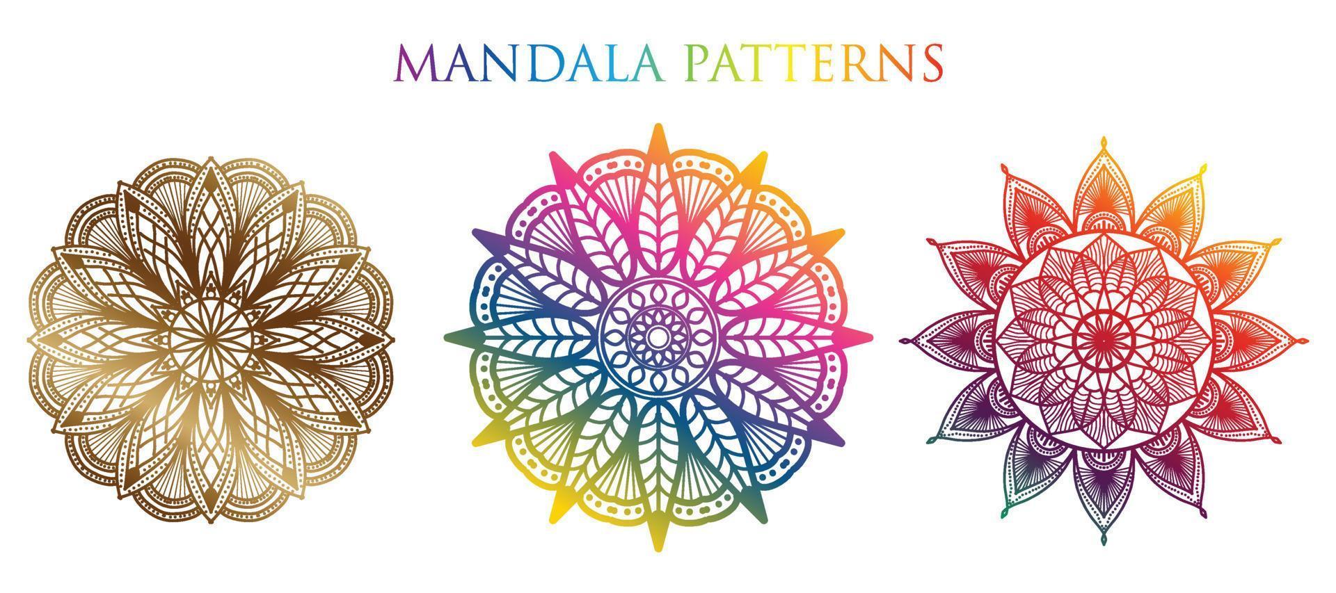 fondo de mandala colorido, establecer mandala, mandalas para colorear libro. adornos redondos decorativos. patrones de terapia antiestrés. logotipos de yoga, fondos para meditación. vector oriental