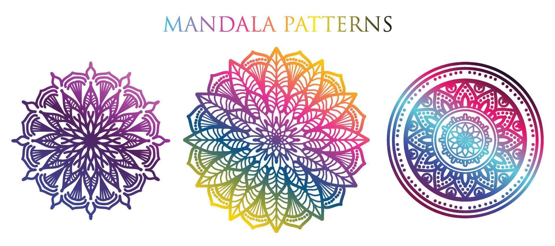 fondo de mandala colorido, establecer mandala, mandalas para colorear libro. adornos redondos decorativos. patrones de terapia antiestrés. logotipos de yoga, fondos para meditación. vector oriental