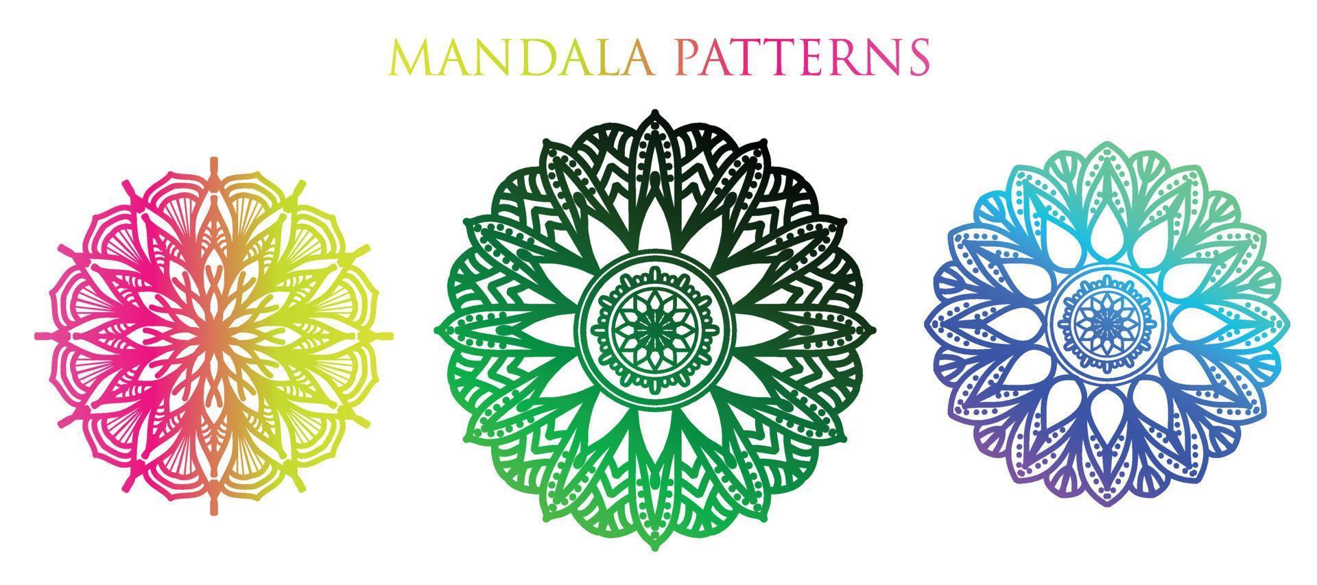 fondo de mandala colorido, establecer mandala, mandalas para colorear libro. adornos redondos decorativos. patrones de terapia antiestrés. logotipos de yoga, fondos para meditación. vector oriental