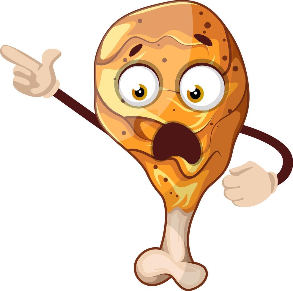 Scared chicken leg pointing at something, illustration, vector on white background.