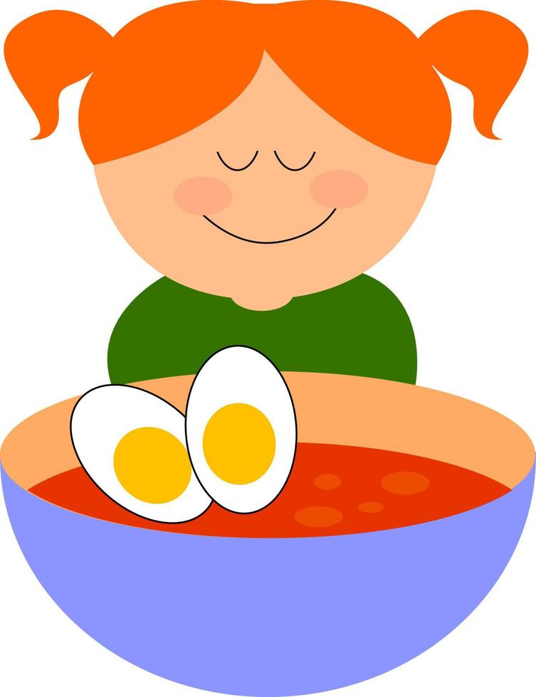 chica con el pelo rojo comiendo un plato de sopa, ilustración, vector sobre fondo blanco.