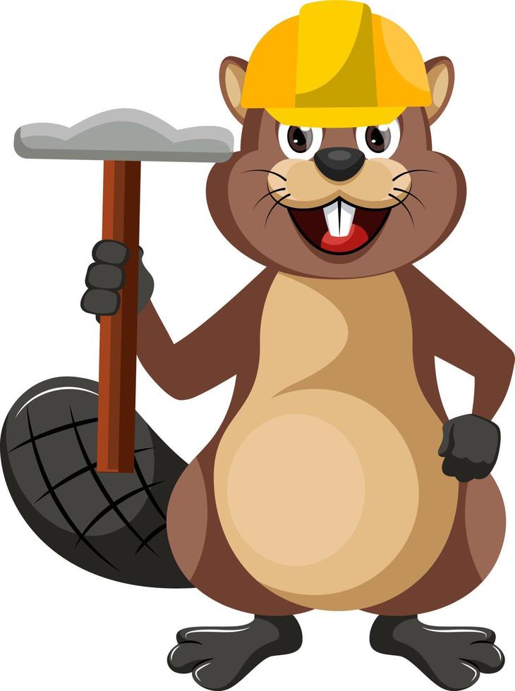 Beaver with hammer, illustration, vector on white background.