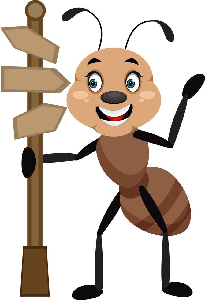Ant with road sign, illustrator, vector on white background.